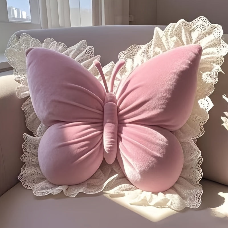 Butterfly-Shaped Decorative Pillow Home Decor Cushion with White Lace Trim Luxurious Velour Fabric And Fill Lumbar Support Cushion for Sofas, Beds, Cars, Offices - Perfect Gift for Women, Housewarming, Christmas, Valentine'S Day Machine Washable