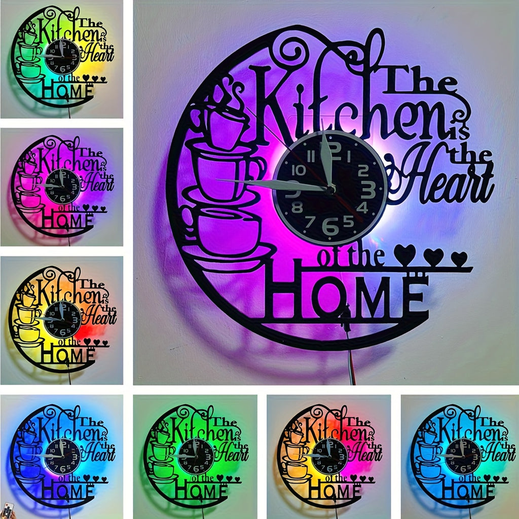 Vinyl Record Wall Clock with Heart of Home Crown Design, Silent Vintage Kitchen and Living Room Decor with Optional 7-Color LED Mood Lighting