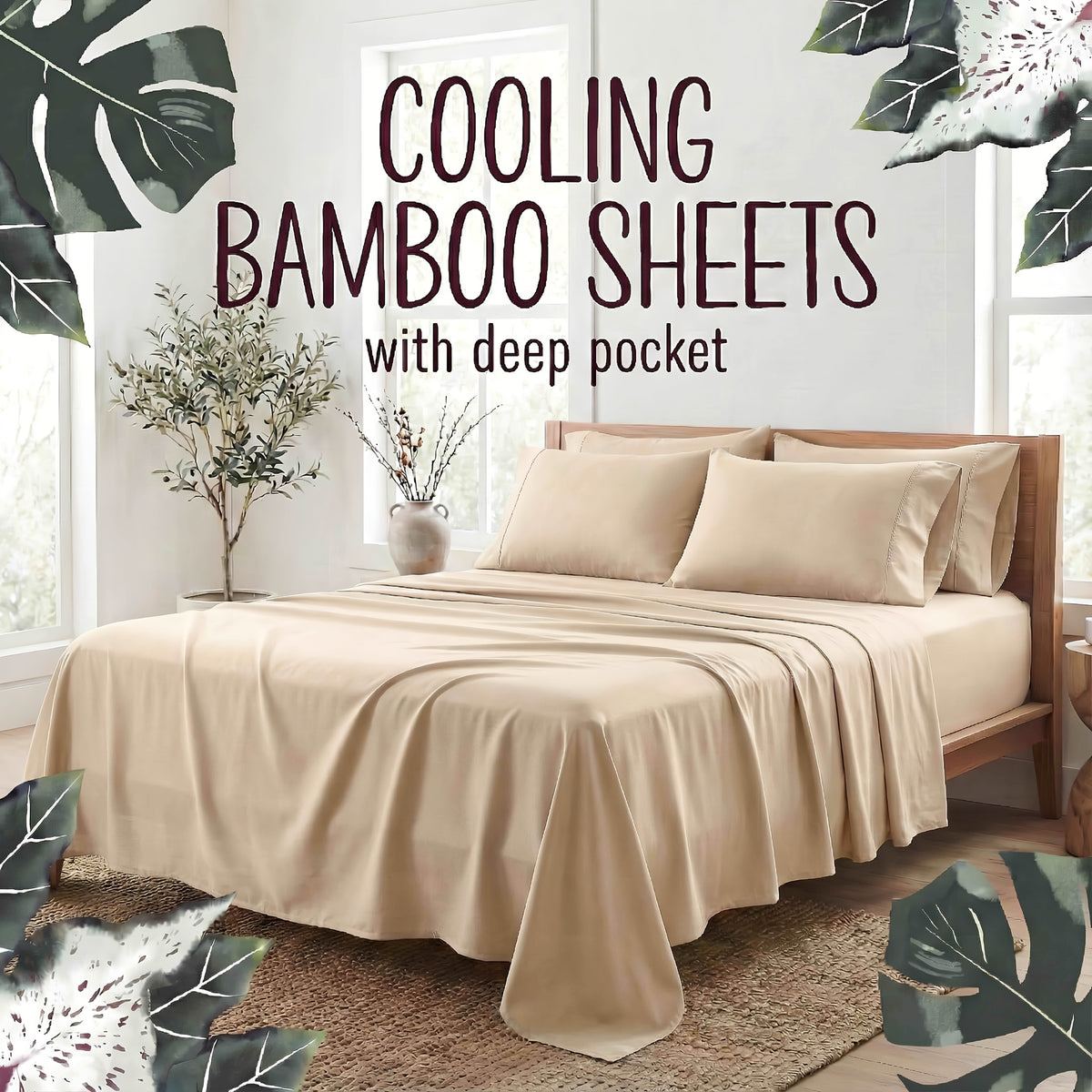 4-Piece Bamboo Fiber Bedding - Hypoallergenic and Temperature-Regulating, Suitable for All Seasons to Care for Deep Sleepers, Luxurious Bedding with Deep Pockets, Wrinkle-Resistant and No Ironing Needed, Great for Room and Bedroom Decor