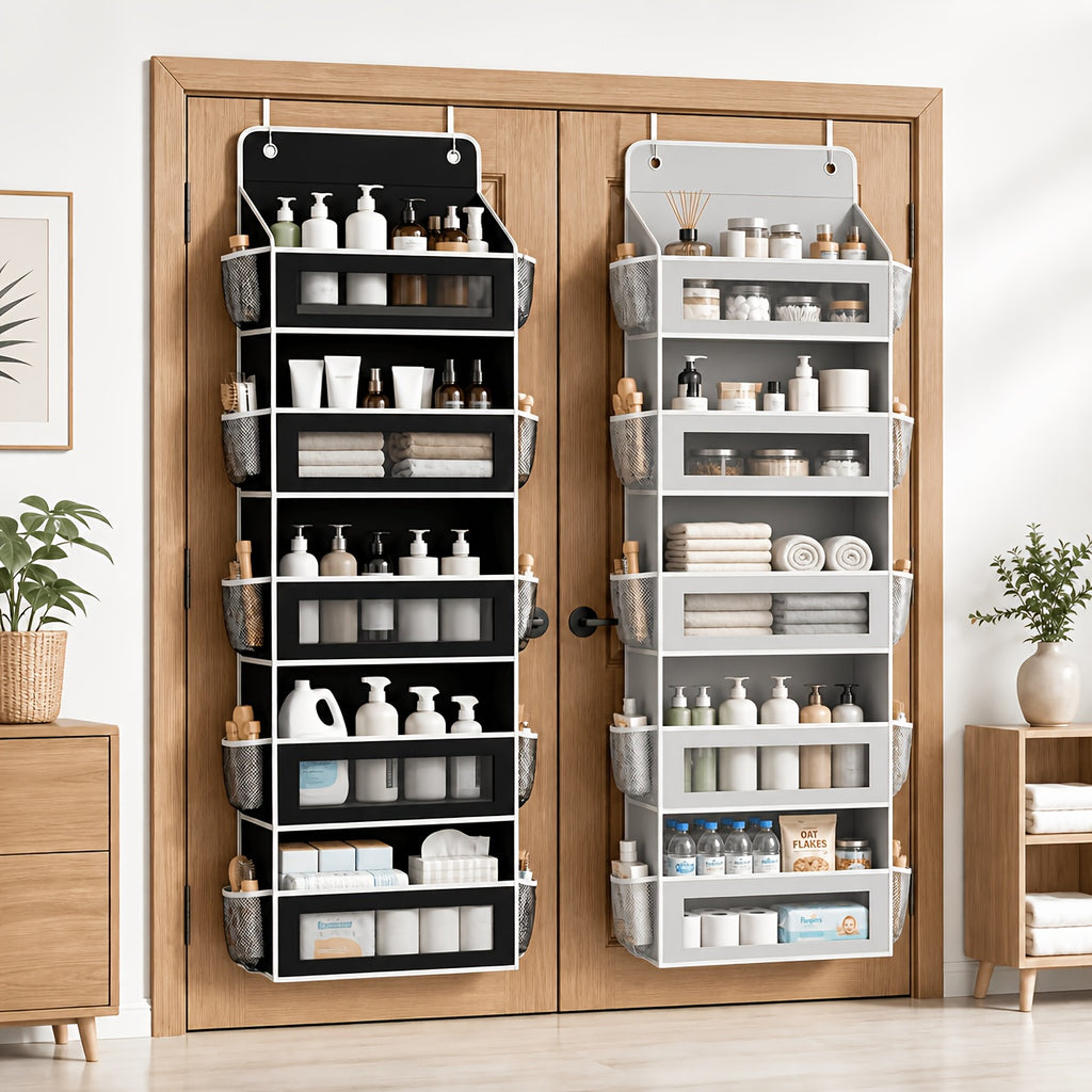 Over the Door Pocket Organizer, 5-Tier Hanging Storage with Large Compartments for Bathroom Toiletries, Bedroom Essentials and Pantry Supplies