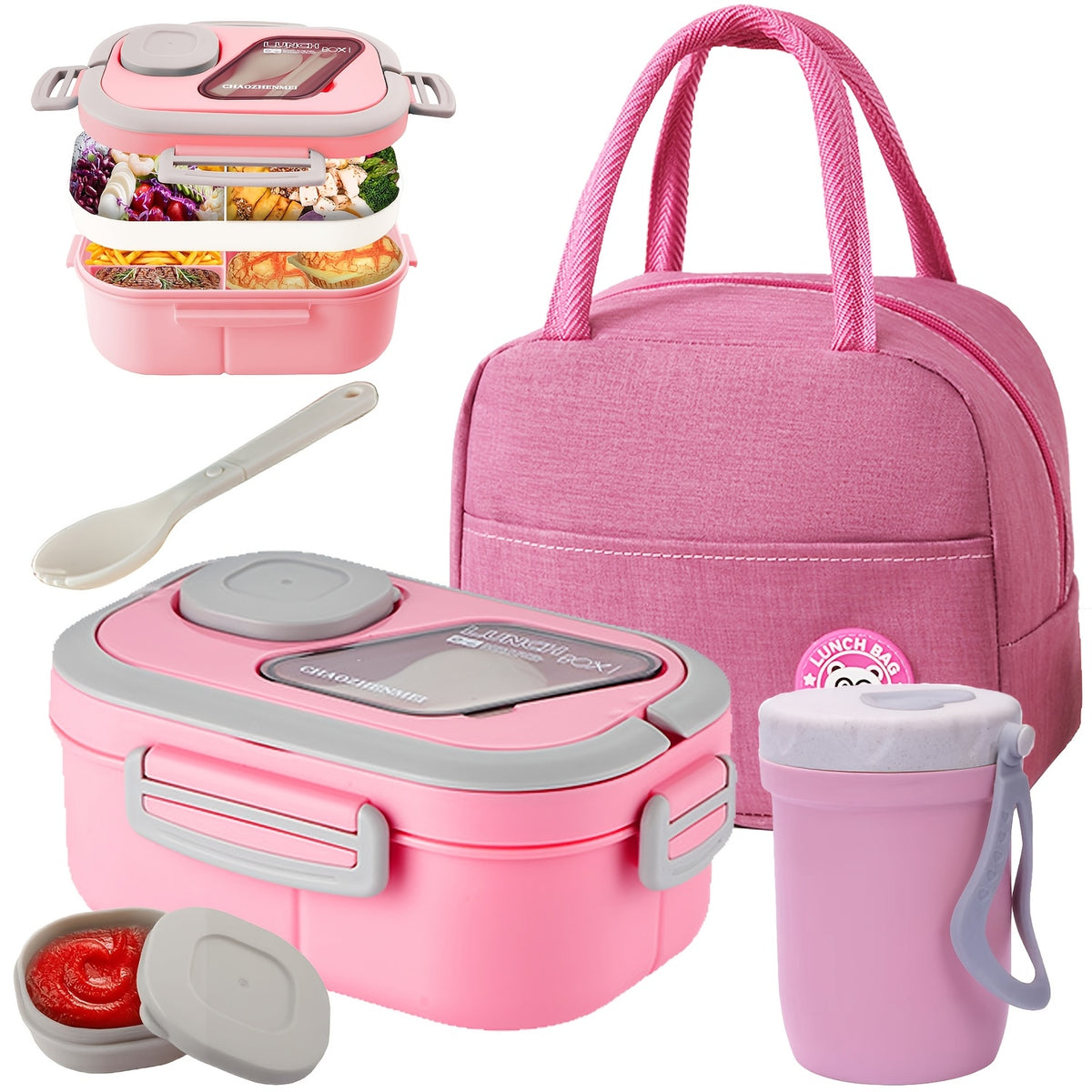 Two Tier Bento Lunch Box, Divided Meal Container in Pink, Blue, Green or White with Optional Cup and Lunch Bag Sets for School, Office and Picnics
