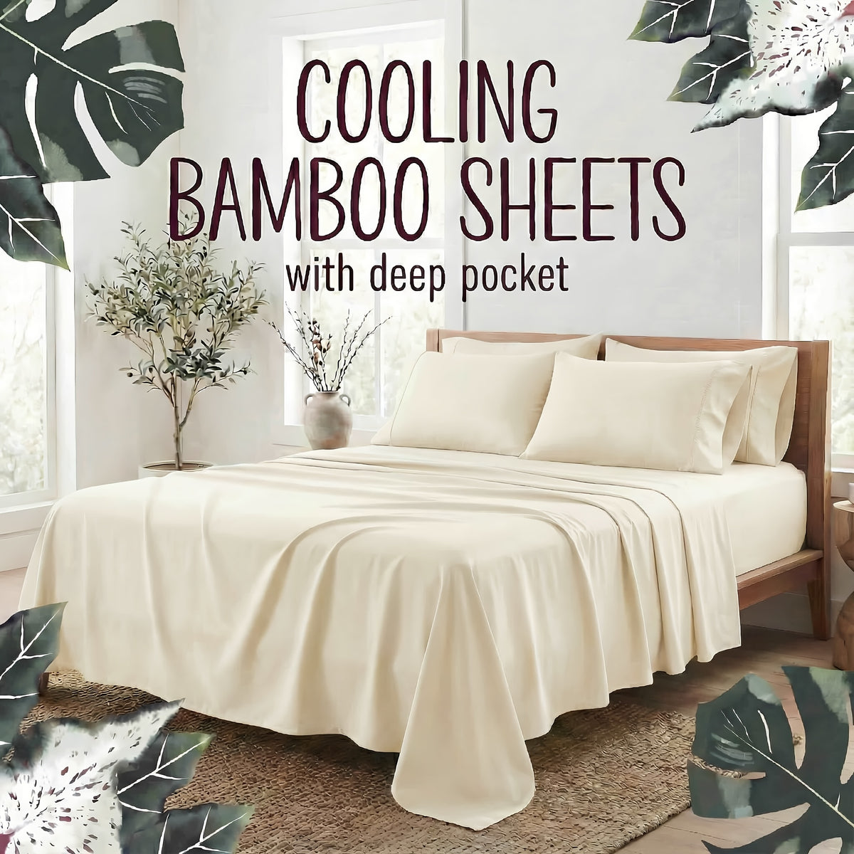 4-Piece Bamboo Fiber Bedding - Hypoallergenic and Temperature-Regulating, Suitable for All Seasons to Care for Deep Sleepers, Luxurious Bedding with Deep Pockets, Wrinkle-Resistant and No Ironing Needed, Great for Room and Bedroom Decor