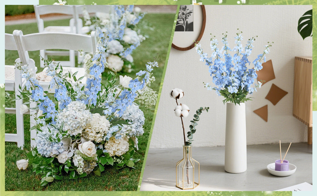 6pcs Delphinium Artificial Flowers 33.5 Inch Champagne Fake Flowers Long Stem Faux Snapdragon Flowers for Vase Table Home Wedding Party Garden Decoration