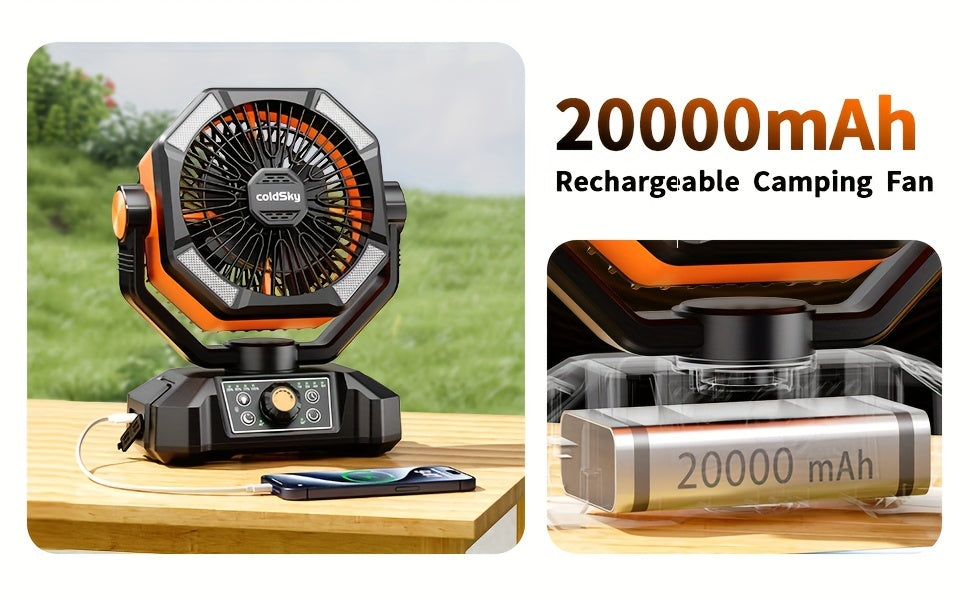 Dual Motor Camping Fan, 20000mAh Rechargeable Battery Powered Portable Fan with 8 Speeds, Remote Control, 4 LED Lights and Hanging Hook for Tents and Home