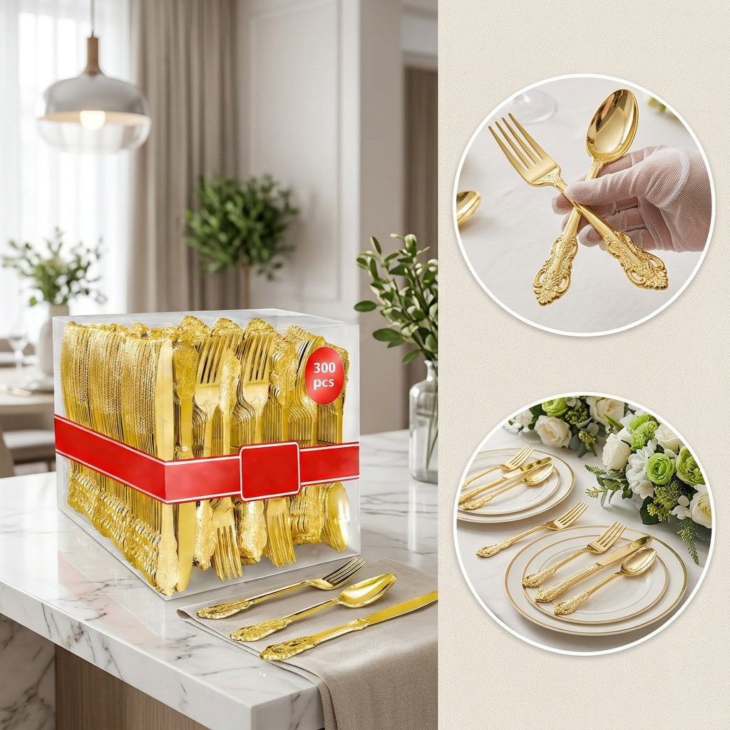 300pcs Premium Disposable Cutlery Set Serves 100 Guests Golden/Silvery Finish Durable Heavyweight Plastic Cutlery Resistant to Warping for Daily Use Ideal for Parties/Weddings/Holiday Gatherings Perfect for Valentine's Day, Christmas, And New Year's