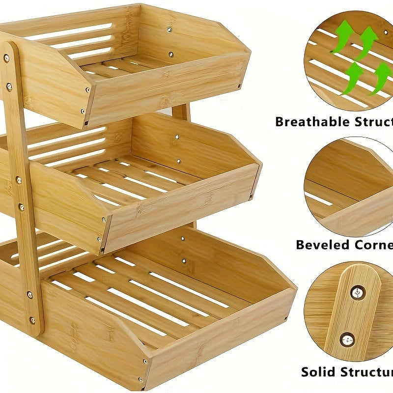 3/2-Tier Wooden Fruit Basket Stand - Large Capacity Kitchen Organizer with Open Slat Design for Vegetables, Bread & Produce | Multi-Level Countertop Storage Shelf - Easy Assembly & Natural Wood Finish