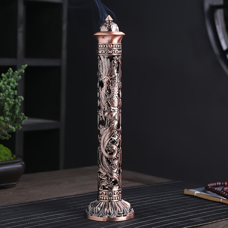 Metal Incense Stick Holder Featuring a Retro Vertical Design, Heart Sutra, Dragon, And Phoenix Motifs, Perfect for Home Or Office Ceremonial Decoration