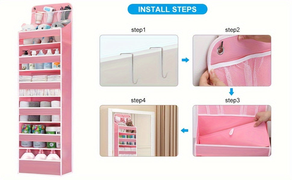 6 Pocket Over Door Organizer, Hanging Storage for Diapers, Shoes and Bathroom Essentials in Pink, Black or Grey for Nursery, Bedroom and Closet