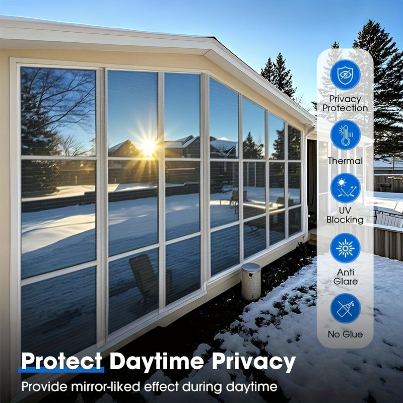 Large One-Way Privacy Window Film for Home And Office Windows. Features Electrostatic Adhesion - No Glue Required - And Provides Protection, Sunshade, And Heat Insulation. Holiday Decorations. Bonus Gifts: Spray Bottle, Measuring Tape, And Squeegee