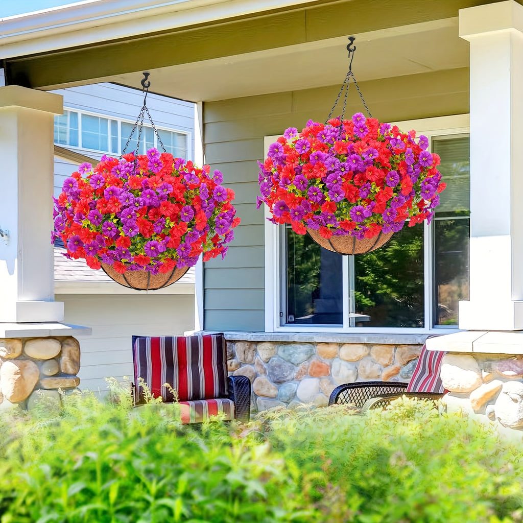 Artificial Hanging Petunia Flowers with Container, UV-Resistant Plastic Faux Floral Decor in Multicolor or Purple for Porch, Patio, Garden and Balcony