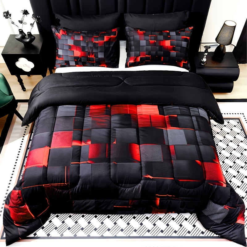 2D Flat Tog 4 3pcs Super Soft Fashion Sense Of Technology Grid Thickening Quilt Set (1 Comforter +2 Pillowcases Without Pillow Core), Contains Padding 180Gsm Quilting Soft Ventilate Digital Printing Bedroom Dormitory At Home Perfect Halloween Gift