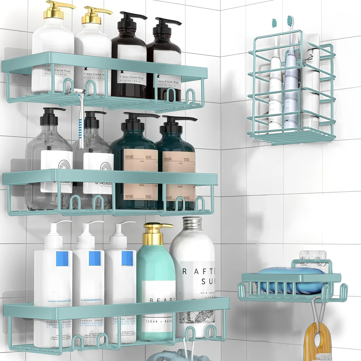 Shower Caddy, 5 Pack Shower Organizer Rack for Inside Shower, Self Adhesived Shower Shelf Large Capacity Rustproof Stainless Steel Bathroom Wall Storage Shower Basket, Random Color Properties to Choose, Shower Caddies