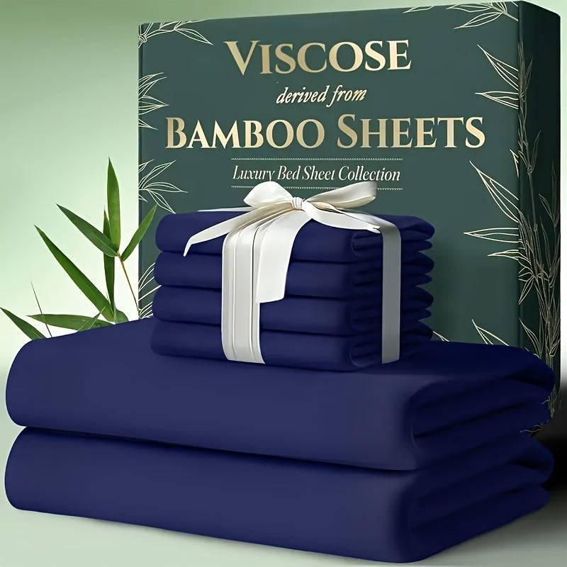 Extra Deep Pocket Bamboo Sheets - 4/6pcs Breathable & Cooling Bamboo Bed Sheet Set, Hotel Luxury Fitted Sheet Set, Soft Wrinkle-Free for Extra Deep Mattresses, Room Decor, Twin/Full/Queen/King Size Sheet & Pillowcase Sets