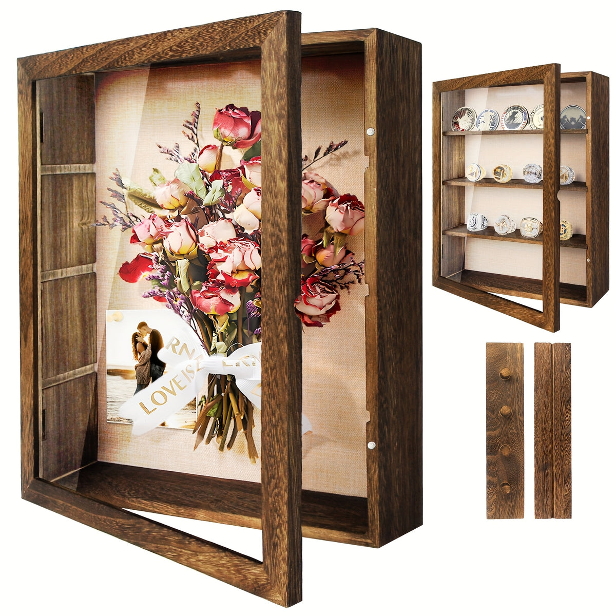 11x14 Large Country Memory Display Box Flowers, Pictures, Championship Rings, MEDALS, Coins, Pin Collection And More, Including 4 Removable Shelving Shadow Box Frames