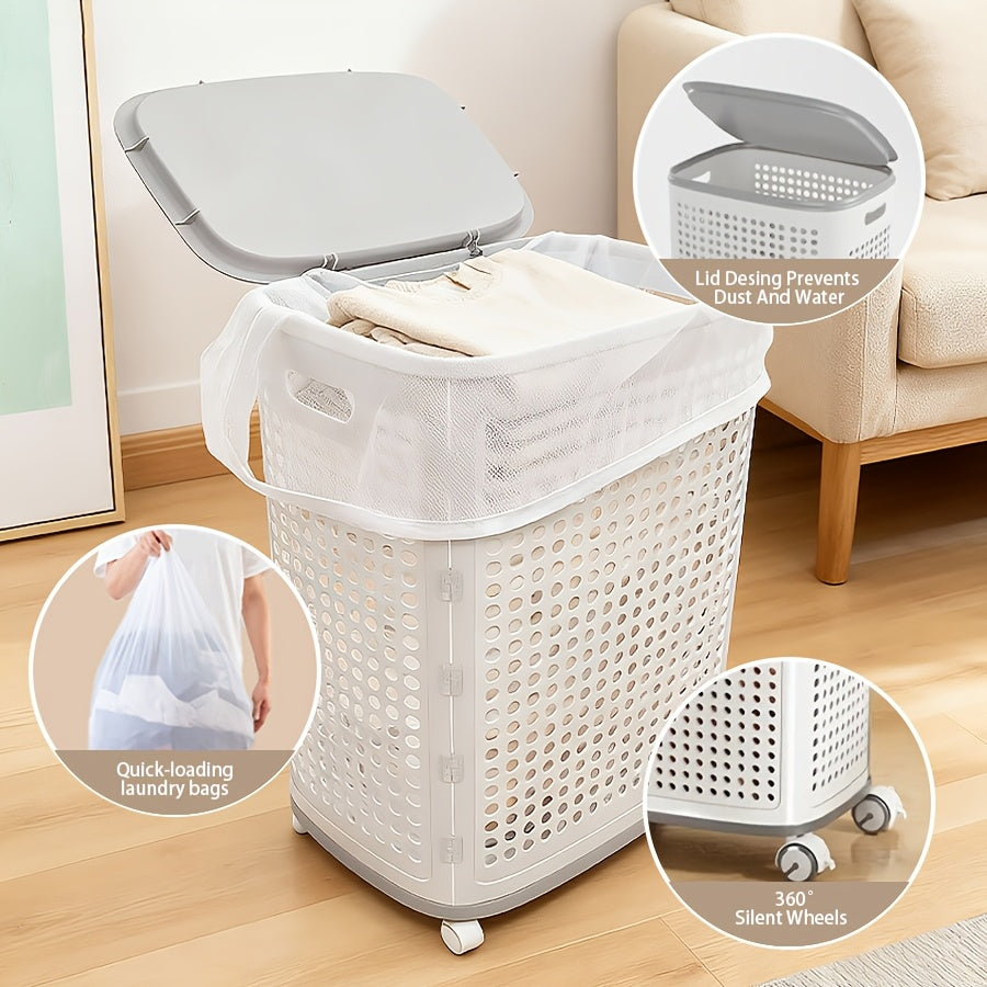 Large And Medium Foldable Ceramic White Laundry Baskets - Pu Leather, Hand Washable, Solid Color, Multi-Functional Portable RV Dirty Clothes Hamper with Wheels for RV Bathroom And Balcony Storage with 2 Stickers