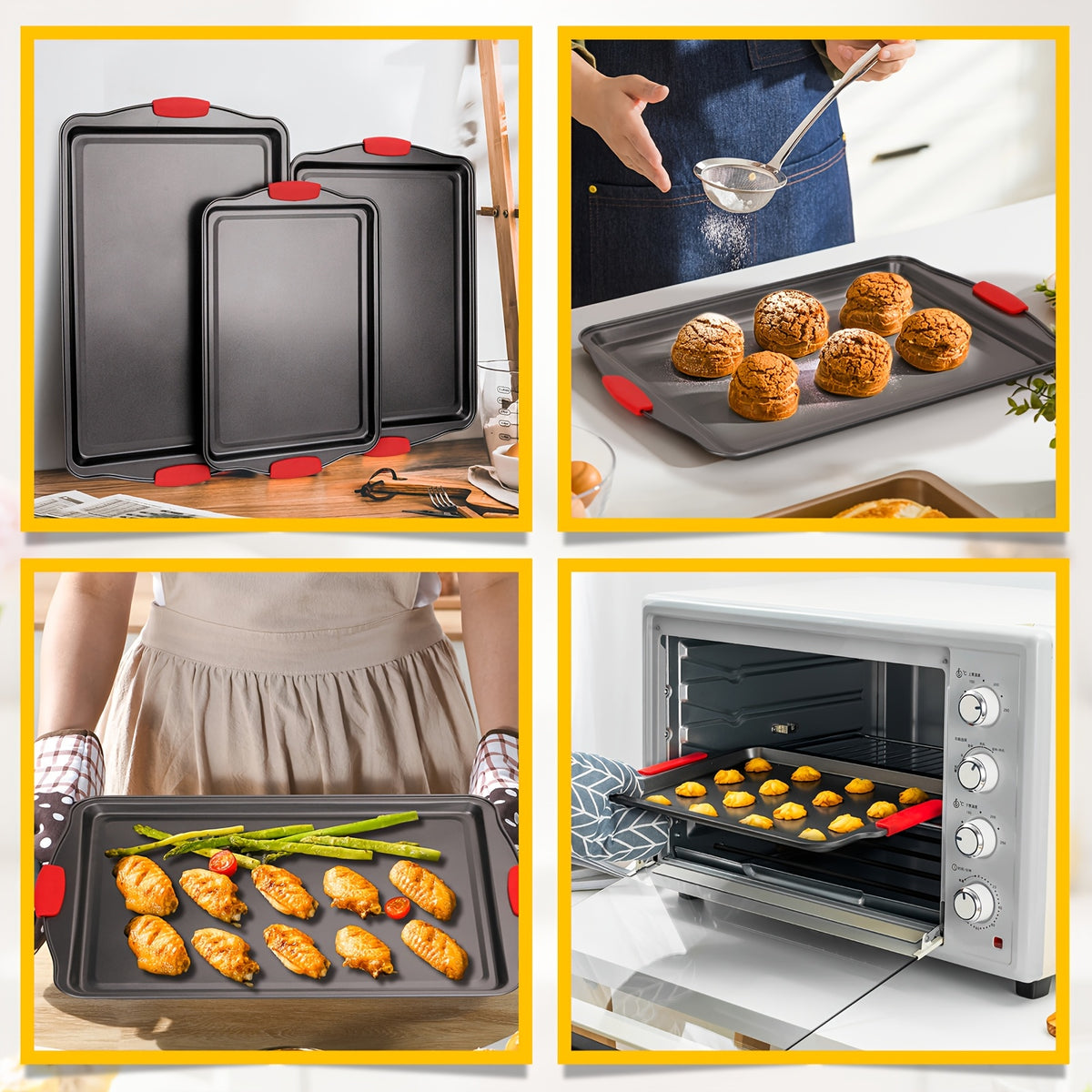 3/9pcs Carbon Steel Non-stick Kitchen Oven Baking Pan, Luxurious And Fashionable Non-stick Inside And Outside, Commercial Grade Restaurant Quality Metal Baking Pan, With Red Silicone Handle