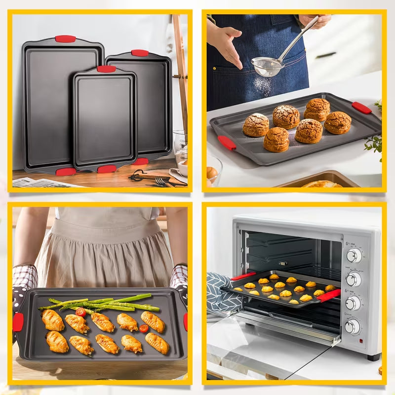 Carbon Steel Baking Pan Set with Red Silicone Handles, Nonstick Interior and Exterior Metal Oven Bakeware for Cookies, Roasting and Holiday Baking