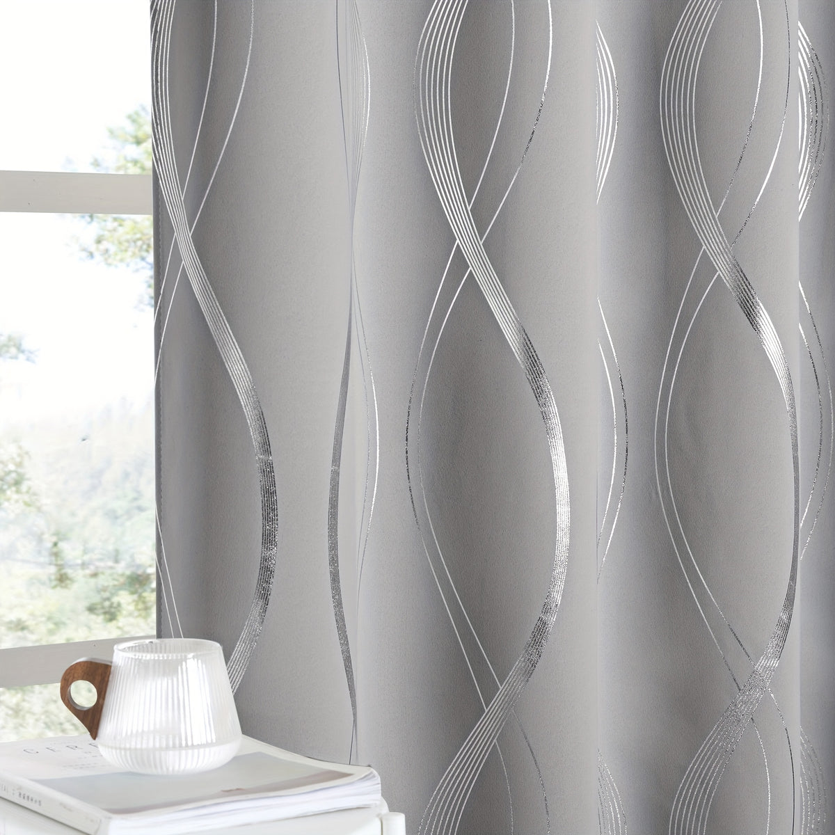 Blackout Curtains 2 Panels Set for Bedroom/Living Room, Noise Reducing Thermal Insulated Wave Line Foil Print Drapes for Patio Sliding Glass Door
