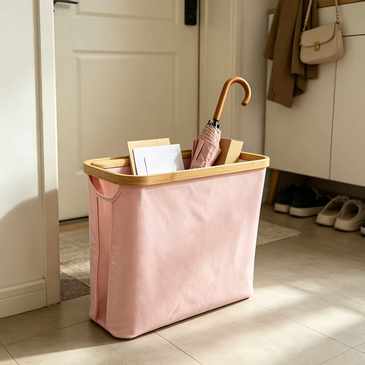 Covered Toilet Paper Storage Basket, Bamboo-Trim 600D Oxford Cloth Bathroom Organizer with Listed 9–12 Roll Capacity in Five Colors