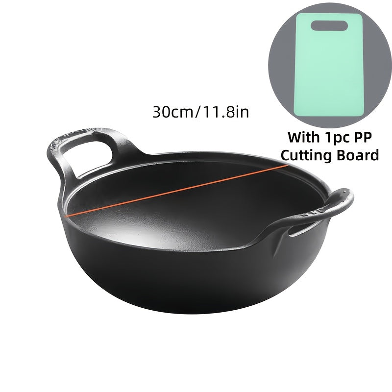 5 Sizes Cast Iron Wok, 7.87/ 9.84/ 10.62/ 11.81/ 12.59in Heavy-Duty Cast Iron Skillet, Traditional Uncoated Deep Stir-Fry Pan, Multi-functional Kitchen Cookware, Durable Cooking Pot with Dual Handles, Grilling Steaks & Baking, Ideal for Home, Outdoor