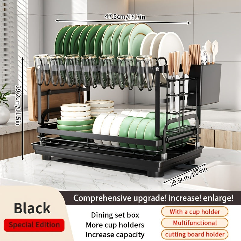 Dish Drainer Rack with Cutting Board Holder, Two-Tier Metal Countertop Organizer with Cup Rack, Cutlery Storage and Draining Tray
