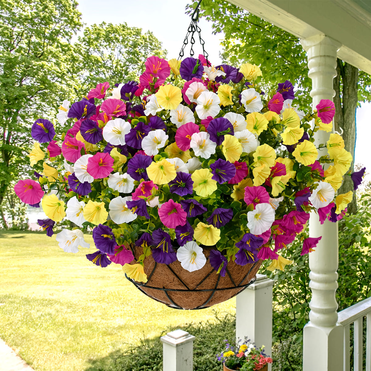 UV-Resistant Artificial Hanging Flowers Suitable for Outdoors, Fake Petunias with Container - Realistic Hanging Plants for Garden, Patio, Porch Decor, Wedding & Mother' Day Decoration, Low-Maintenance Plastic Faux Flowers for Balcony Railings