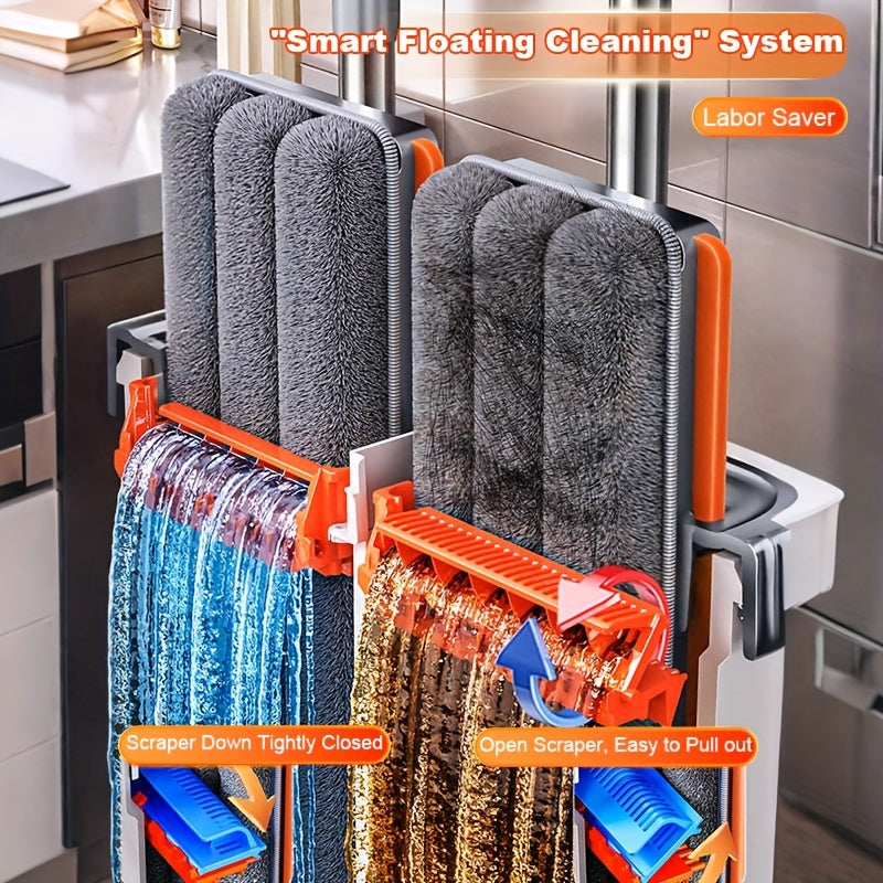 Flat Mop And Bucket with Upgrade Wringer Set, Hands Free Flat Floor Mop And Bucket, Wet And Dry Use, Separates Dirty And Clean Water, Deep-Cleaning Mops for Floors, Walls, Floor Cleaning Tools with 2 Or 6 Washable Microfiber Pads
