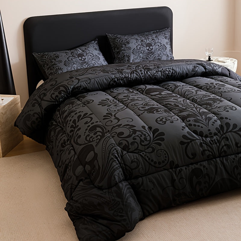 2D Flat 3pcs Black Gray Design Skull Quilt Set (1 Comforter +2 Pillowcases Without Pillow Core), Contains Padding 180gsm Quilting Soft Ventilate Digital Printing Bedroom Dormitory At Home Room Decor Back-to-School Season Valentine'S Day Gift-Giving