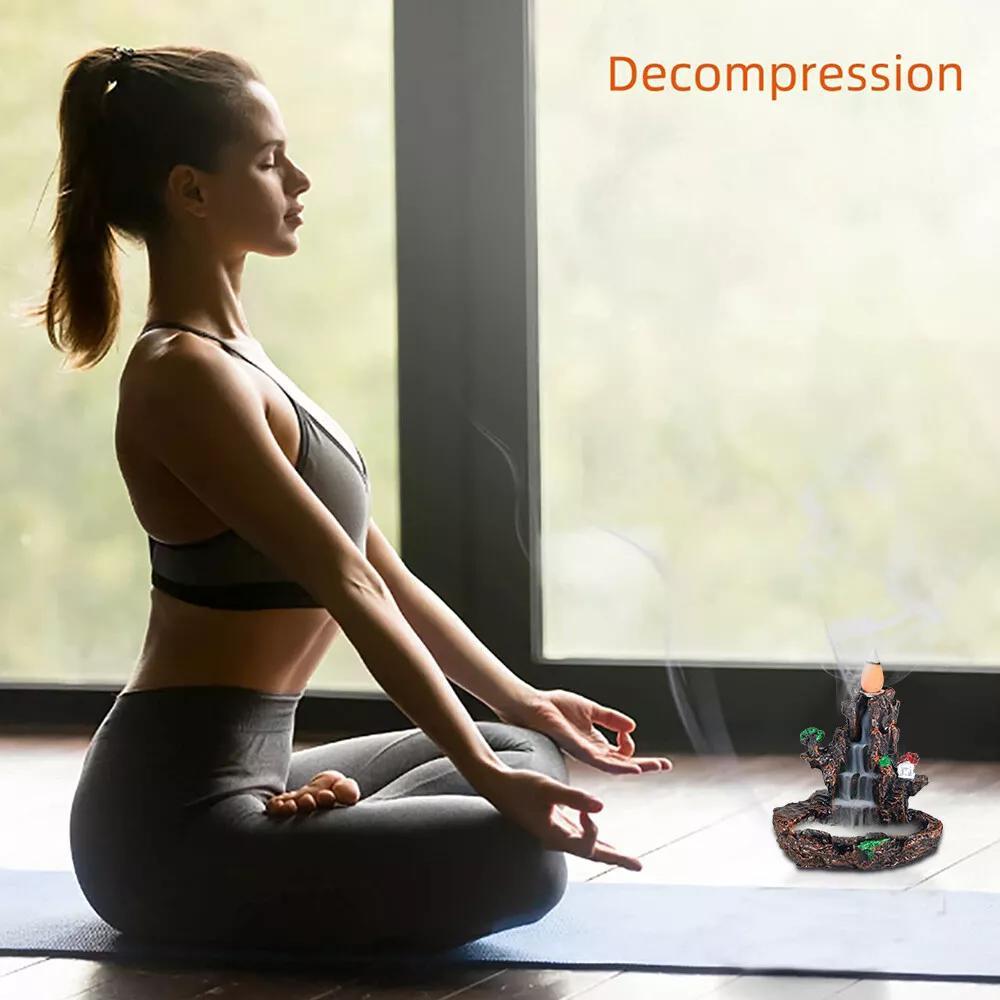 Resin Incense Waterfall Burner Stand with 60 Cones - Waterfall Smoke Burner Suitable for, Office, Yoga Studio, Meditation Room, Stone Brown Resin Cone Holder for & Zen Decor (No Refillable)