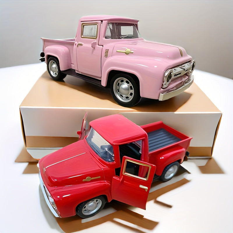 1pc Vintage Alloy Metal Pickup Truck Ornament -4.9*2*1.8 Inch Classic Car Model With Chrome Accents, Doors & Hood, - Ideal For Home & Office Decor--Red/ Blue/ Pink/ Green/ White/ Yellow/ Black Truck - Toy Truck, Alloy Metal Toy Car, Die Cast Car