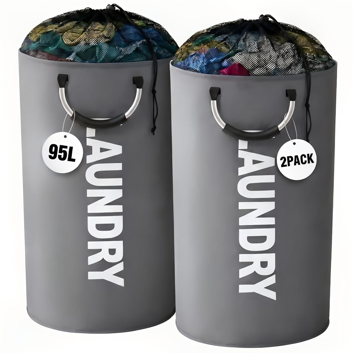 2-Pack Extra Large 25.1gal/30.38gal Foldable Laundry Baskets with New Drawstring Closure Design, Multi-Purpose Fabric Clothes Storage Baskets for Bathroom, Bedroom, Outdoor, And Dorm (Space-Saving Design); Each with Ring Handles, Premium Laundry Storage B