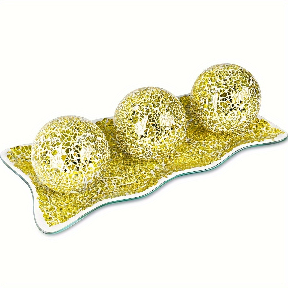 Decorative Balls for Bowls, 3 Decorative Glass Balls And 1 Glass Tray 3-Inch Centerpiece Table Decorations Bowl Fillers for Home Decor, Living Room, Dining, Coffee Table Decor (Silver/Turquoise/Black)