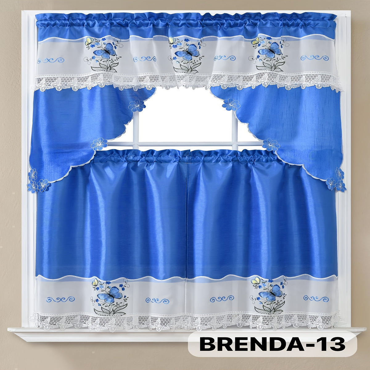 3pcs Bamboo Embroidered Kitchen Curtain Set, Floral Embroidery, Lightweight and Soft, Easy Care, Machine Washable, Satin Fabric, Embroidered