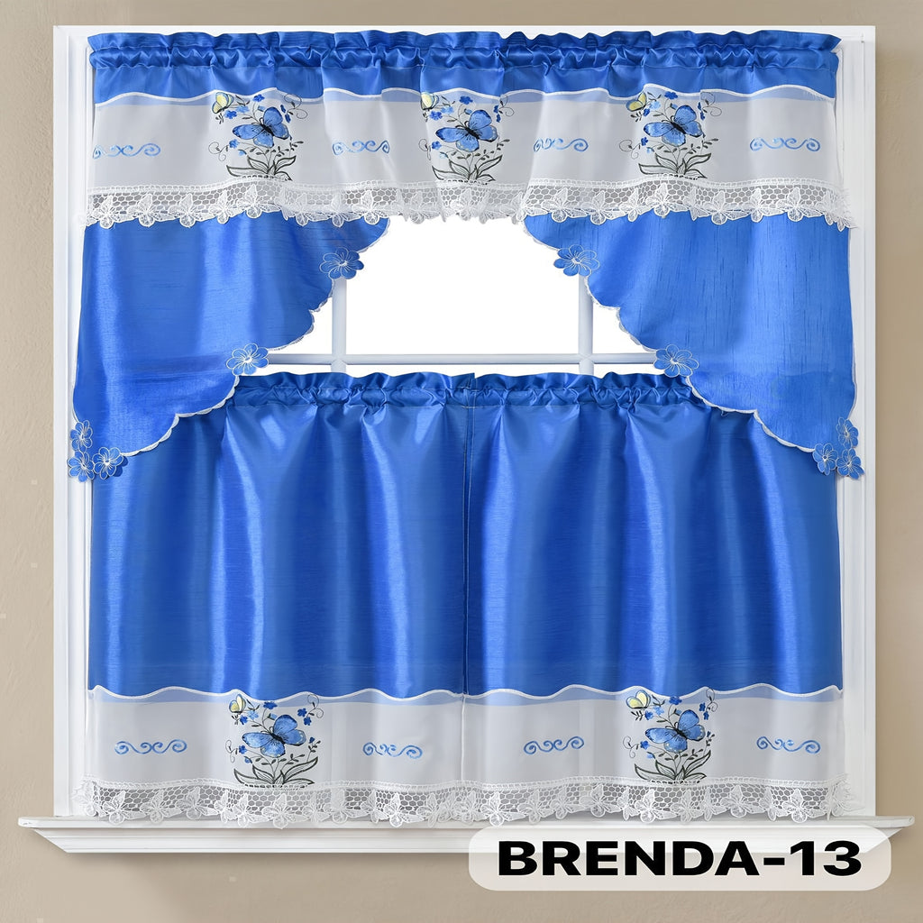 3pcs Bamboo Embroidered Kitchen Curtain Set, Floral Embroidery, Lightweight and Soft, Easy Care, Machine Washable, Satin Fabric, Embroidered