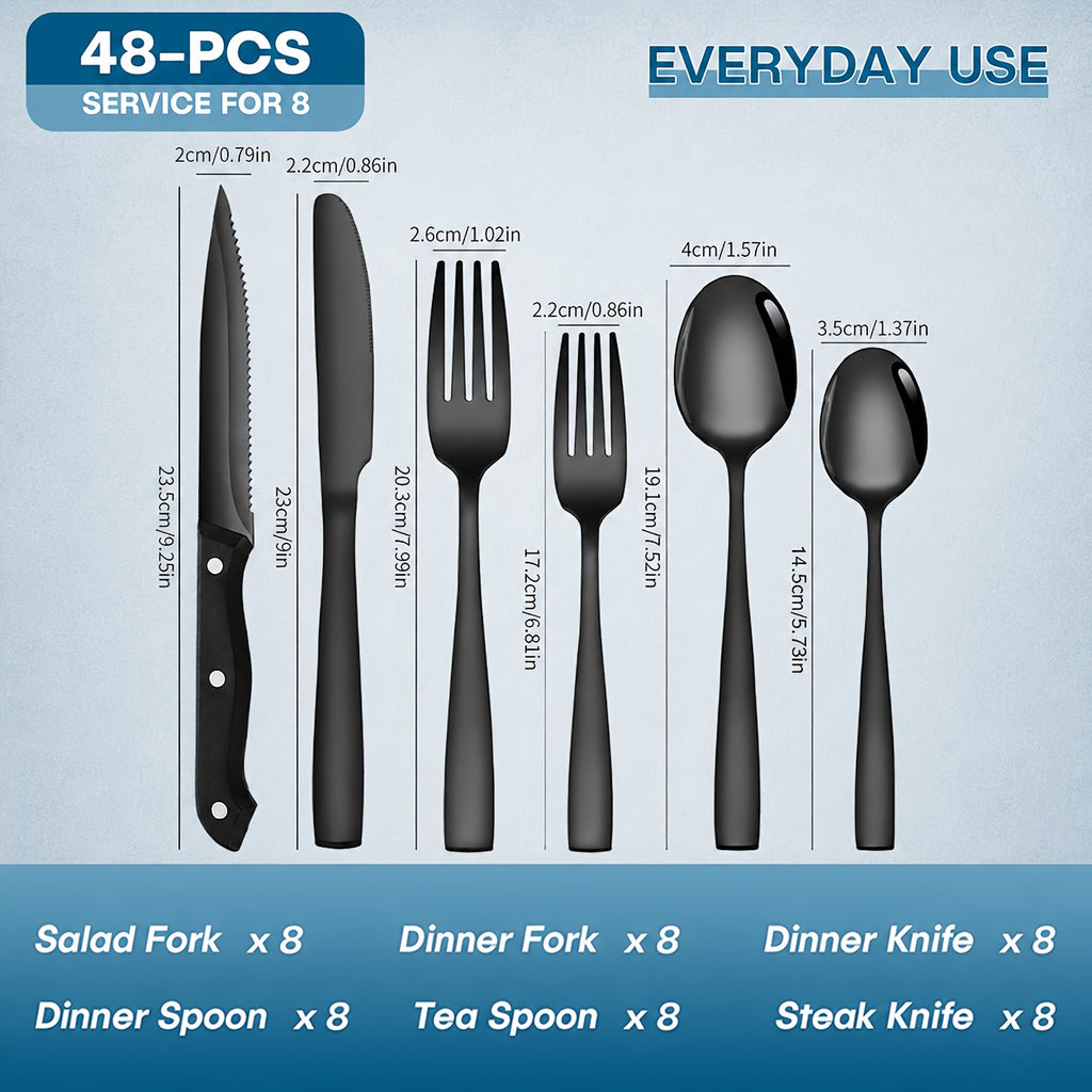 48pcs Black Silverware Set with Steak Knives Service for 8, Stainless Steel Flatware Set, Mirror Polished Kitchen Additions, Home Kitchen Party Eating Tableware Set, Includes Fork Knife Spoon Set, Dishwasher Safe
