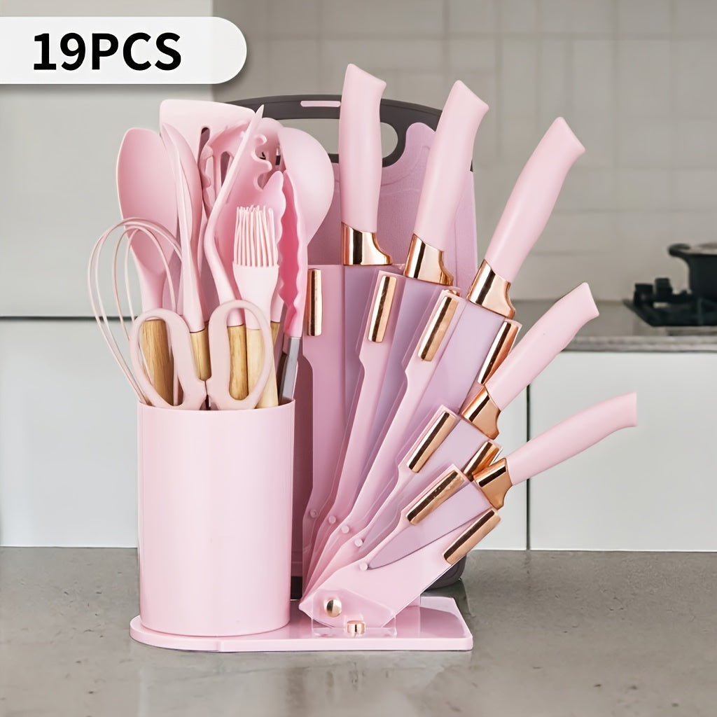 19pcs Kitchen Knife And Utensil Set, Non-Stick Black Knife Set with Wooden Handles, Silicone Cooking Tools, Cutting Board, Scissors And Holder, Best Gift for Parents