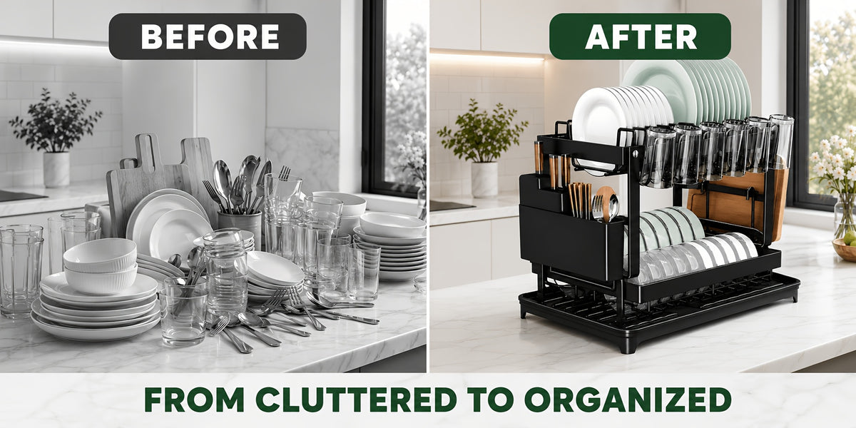 Two-Level Dish Drying Rack for Kitchen Surfaces, Dish Drainer with A Drainboard, Metal Kitchen Dish Holder with Drainage, Two-Tier Kitchen Drying Rack, Black Dish Holders, Standing Shelf Units, Standing Shelf