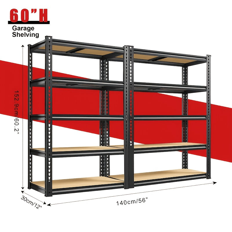 2pcs Heavy-Duty Metal Shelving Unit 60/72 Inch Hige (60" And 72" Sections) 2000 Lbs Total Capacity (250 Lbs/Shelf) 5-Tier Adjustable Freestanding Garage Storage Rack with Black Powder-Coated Frame - Easy Assembly for Basement, Pantry, Utility