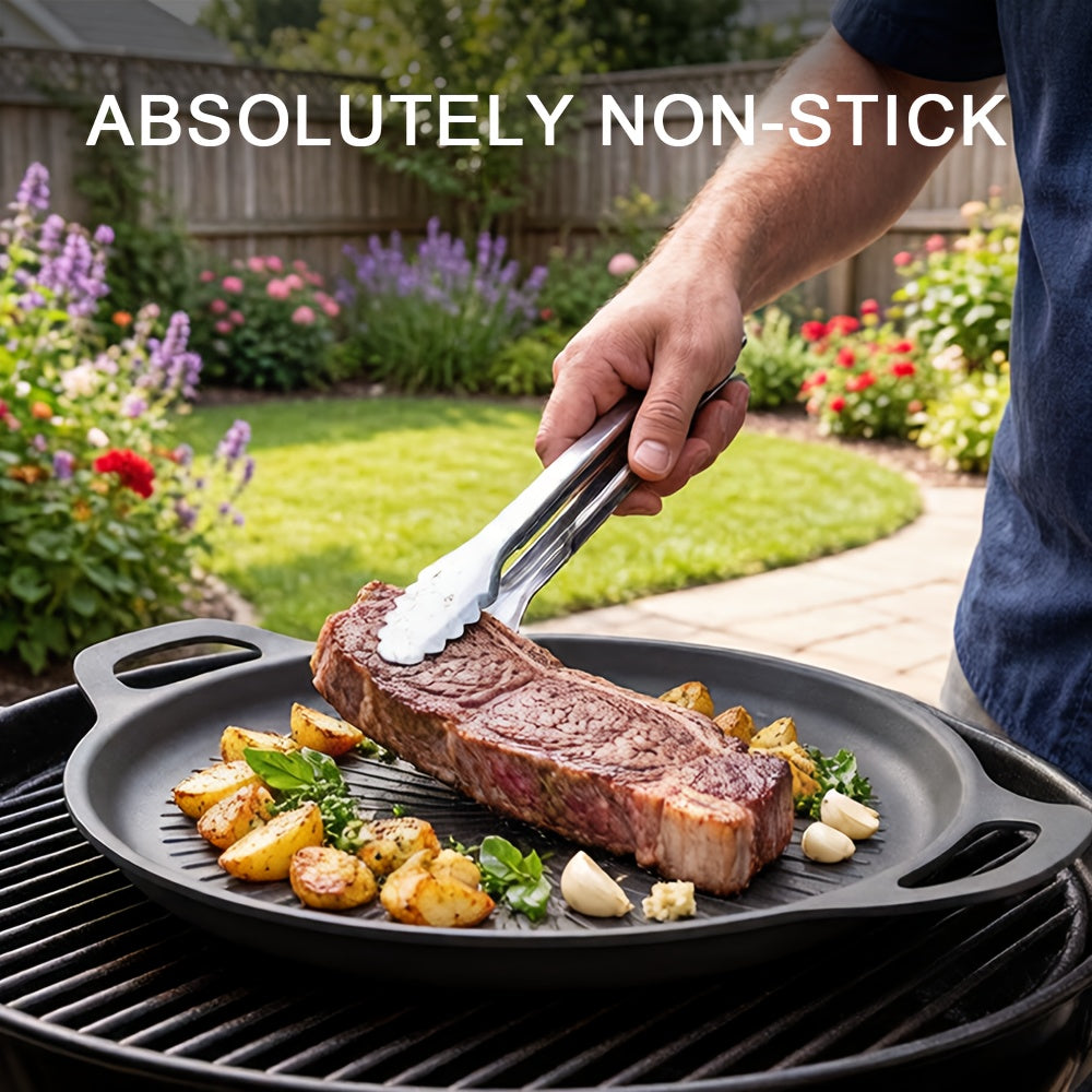 Nonstick Grill Pan with Oill Brush, Griddle Pan with Oil Drain Groove Even Heating, for Grilling And Sauce Locking- Pizza, Eggs, Grilling, Crepes, Easy Clean, Portable Frying Pan for Camping Cookware, Family Gatherings & Restaurant Use