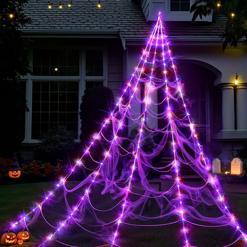 16ft Giant Spider Web LED Lights - 250 Purple 8 Lighting Modes, Outdoor Halloween Decorations, No Power Required, Easy To Hang, Suitable For Scary Holiday Displays, Halloween Decorations