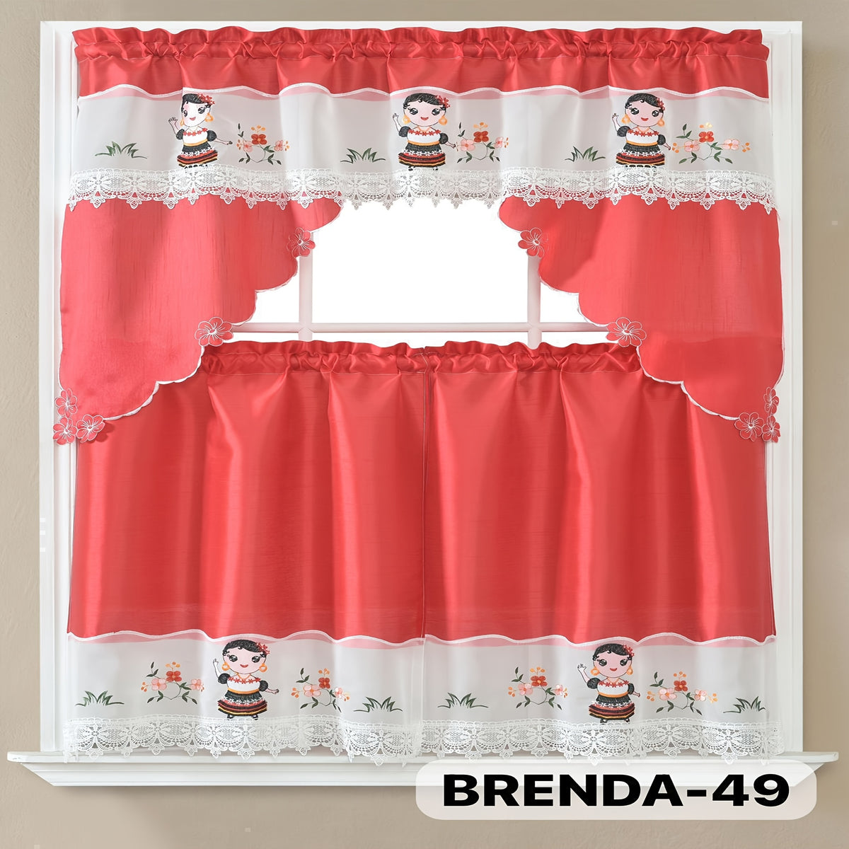 3pcs Bamboo Embroidered Kitchen Curtain Set, Floral Embroidery, Lightweight and Soft, Easy Care, Machine Washable, Satin Fabric, Embroidered