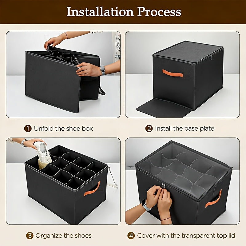 Shoe Storage Bin Set, 2-Piece Closet Organizers with Transparent Lid, Reinforced Handles and Foldable Storage for Boots, Heels and Sneakers