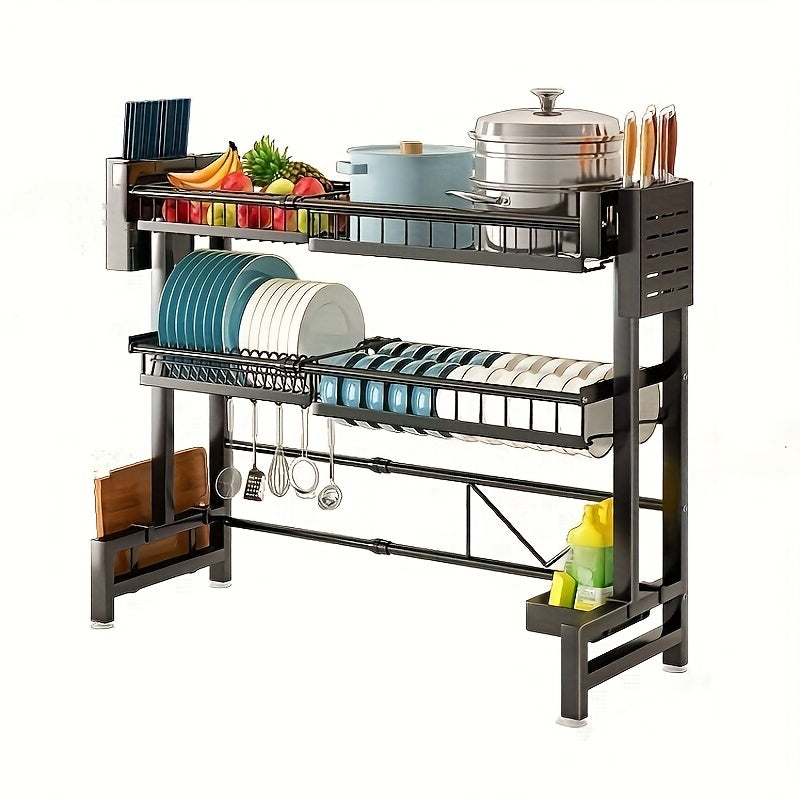 1pc Countertop Dish Rack & Drain Tray Extendable Kitchen Sink Shelf Dish Holder & Drain Rack Black Kitchen Storage Rack