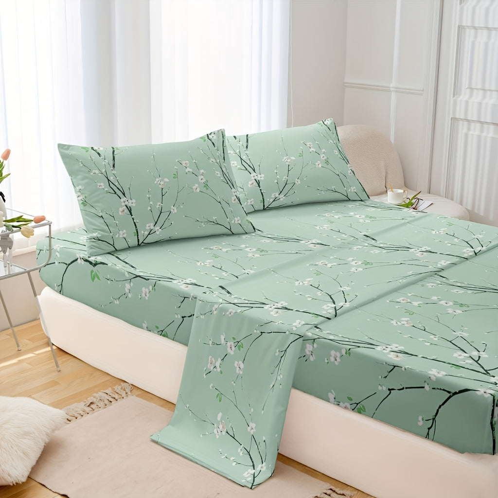 4pcs Multicolour Tree Branch Plum Blossom Sheet Protector Bed Sheet Pillowcase Four-piece Set (1 Bed Cap +1 Bed Sheet +2 Pillowcase Without Pillow Core), Deep Pocket In 15 Inch, Bedroom Dormitory High Definition Printing Room Decor