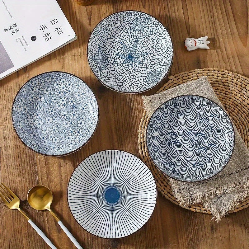 4pcs Set Of Japanese-style Ceramic Floral Plates Yamada Household Serving Plate, Nordic-style Steak Plate, Ceramic 7-inch Deep Plate, Non-slip Edge, Underglaze Color Round Plate