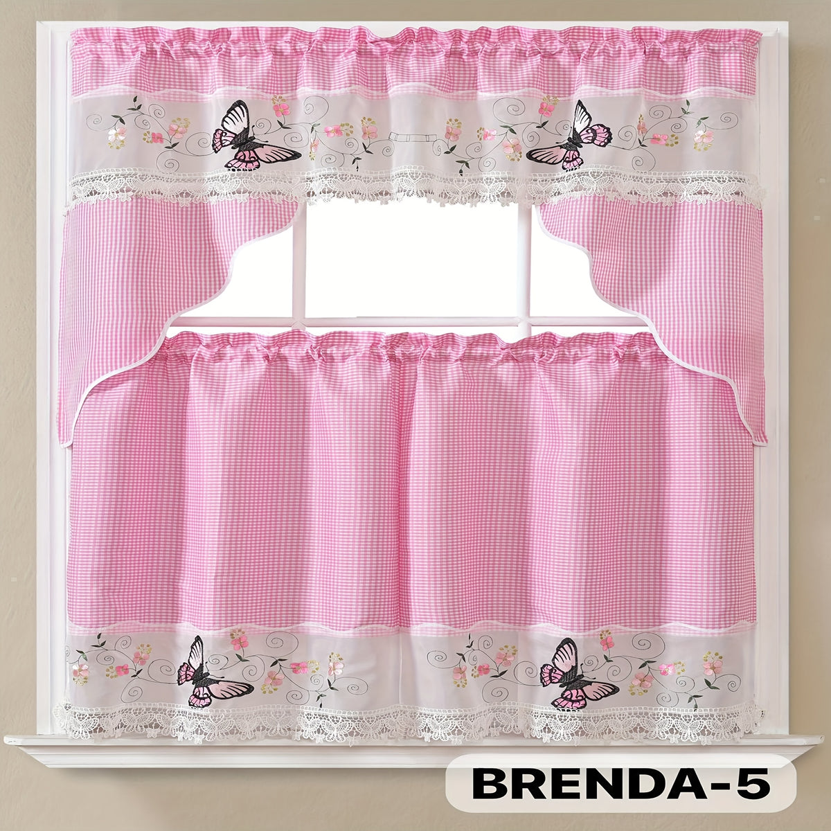 3pcs Bamboo Embroidered Kitchen Curtain Set, Floral Embroidery, Lightweight and Soft, Easy Care, Machine Washable, Satin Fabric, Embroidered