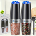 Gravity Electric Salt and Pepper Mills, 2-Piece Black Battery-Powered Grinder Set with Blue LED Light and Adjustable Coarseness for One-Hand Seasoning