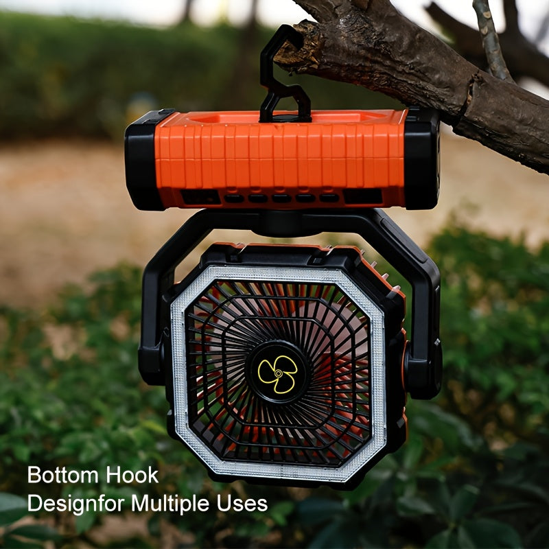 20000Mah Portable LED Camping Fan with Built-In Light, Rechargeable Fan, USB Rechargeable Outdoor Fan for Tents, Hiking, Fishing - Rugged Compact Design, Green And Orange, Hiking Essentials, Sturdy Handle Feature, Camping Additions
