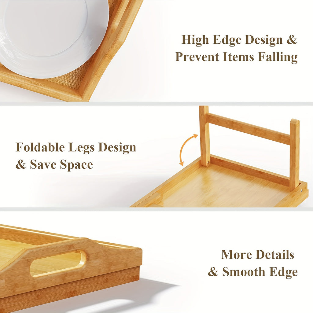 A Bamboo Bed Tray Table Measuring 19.32 by 11.83 Inches, Featuring Handles And Folding Legs, Perfect for Breakfast, Snacks, Or Working While on The Sofa Or Bed, Sold in a Half Pack
