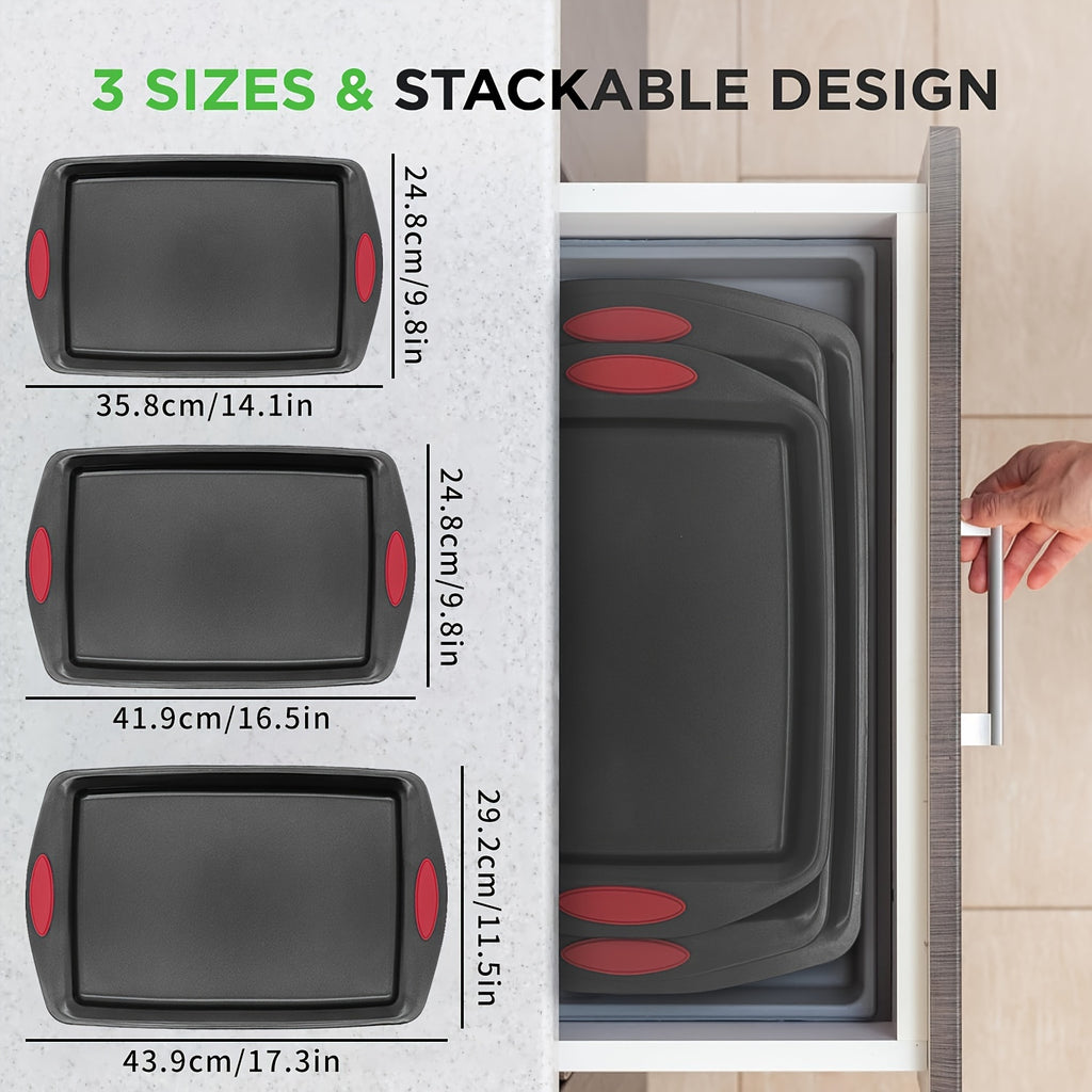 3-4pcs Non-stick Kitchen Oven Baking Pan - High Quality Stylish Non-stick Steel, Commercial Grade Restaurant Quality Metal Baking Pan Including Large, Medium And Small Pans For Baking And Baking With Red Silicone Handles - Easy To Clean, Black